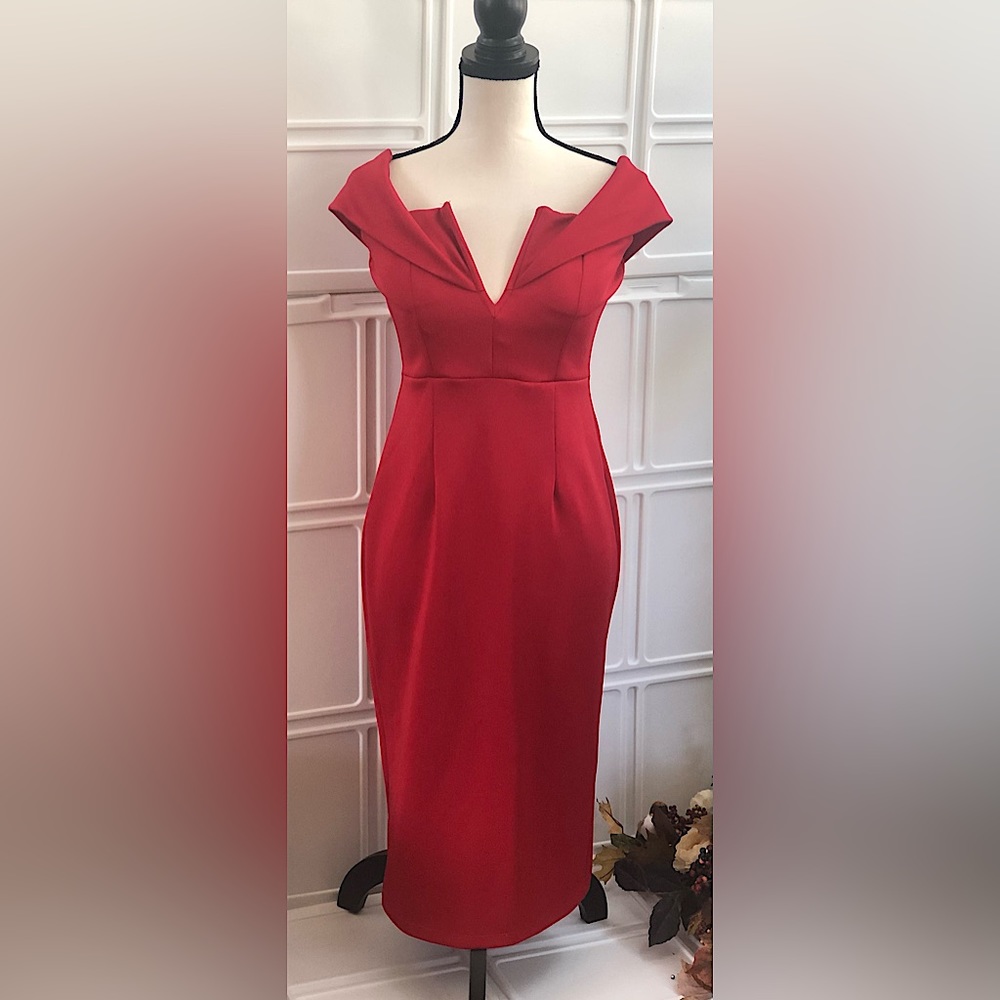 Women's Red V Neck Off The Shoulder Evening Bodycon Midi Dress
